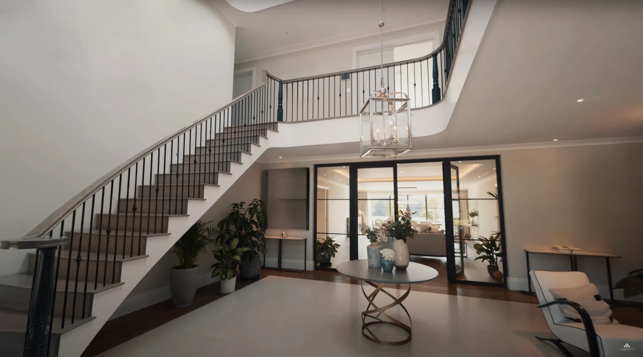 Grand entrance hall with warm ambient lighting